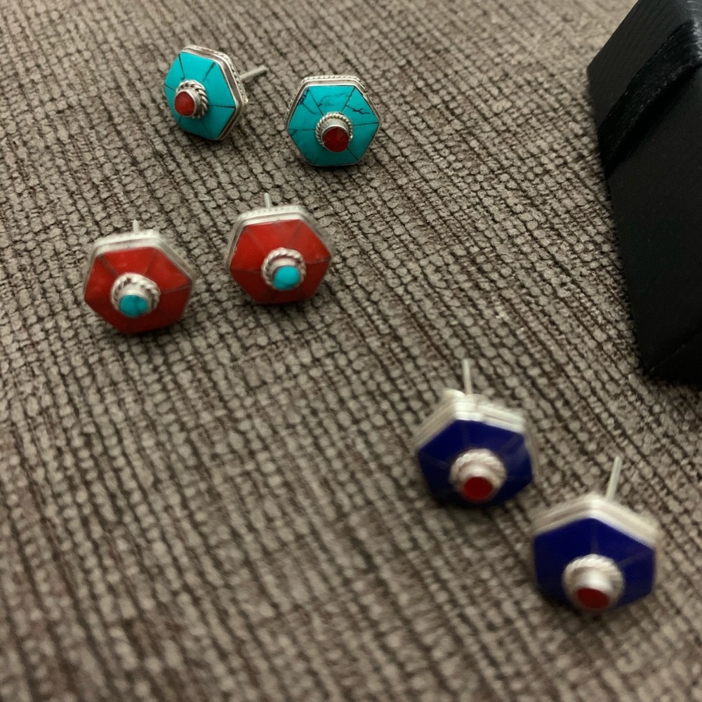 925 silver hexagon ear stud (gemstones)